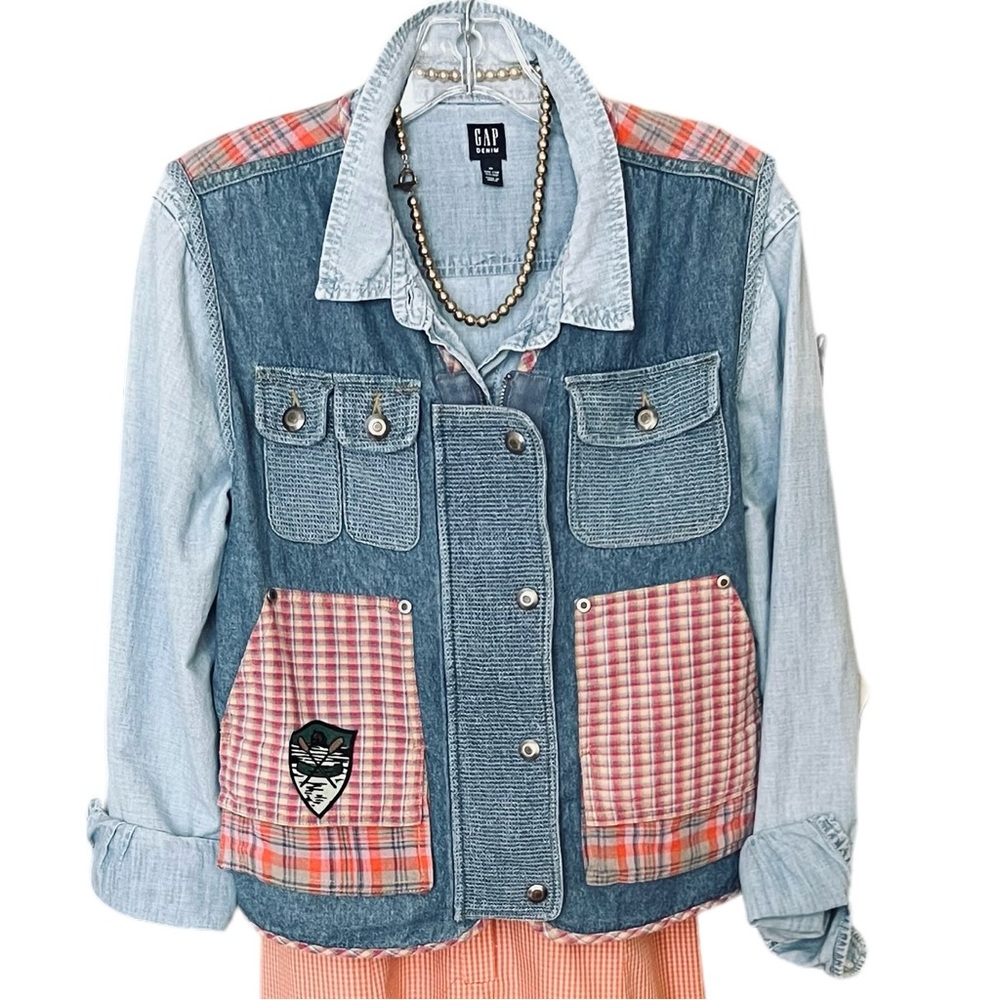 Carole Little Sport Denim Plaid Fisherman Camp Vest Size Small